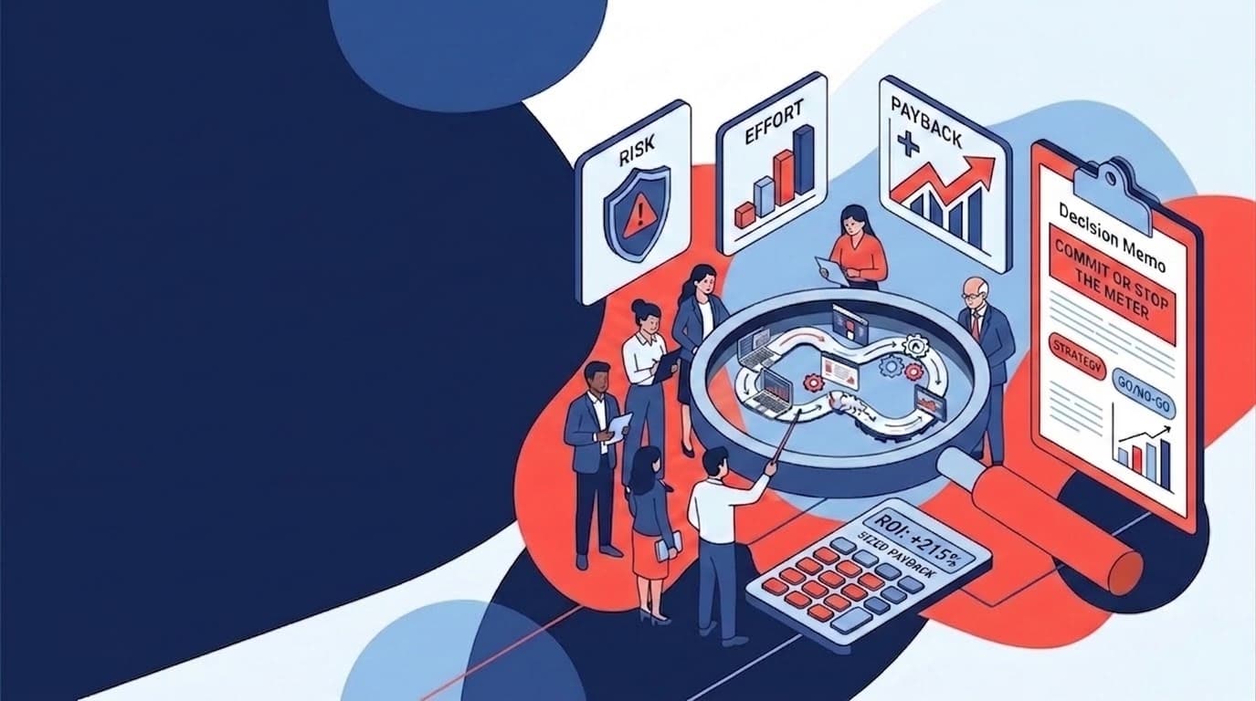 Analysts examining a client workflow through a giant magnifying glass, sizing payback against effort and risk before committing to a build.