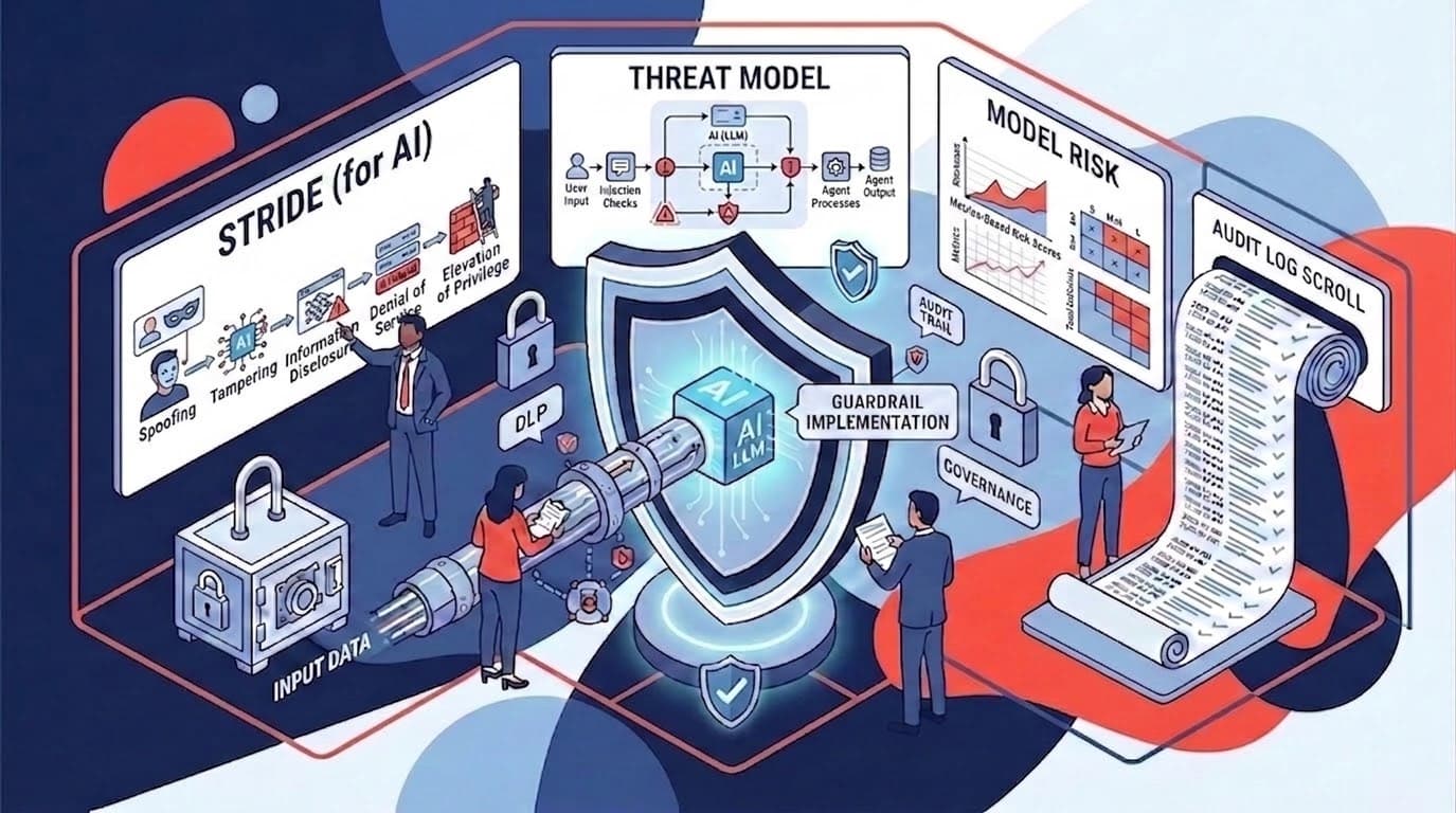 Security architects threat-modelling an AI agent system, deploying defences against prompt injection and tool misuse around a giant shield.