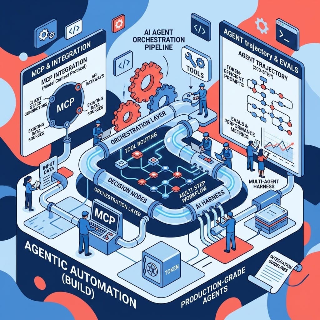 Engineers wiring production-grade AI agents into a client tech stack with orchestration, tools, and a multi-step workflow trajectory.