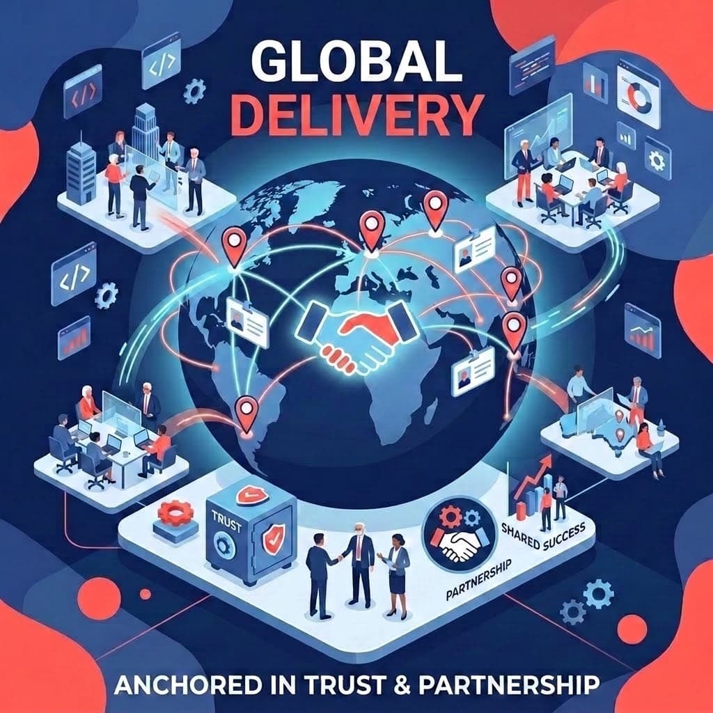 A globally distributed team of senior consultants connected across four countries, anchored by shared values of partnership and trust.