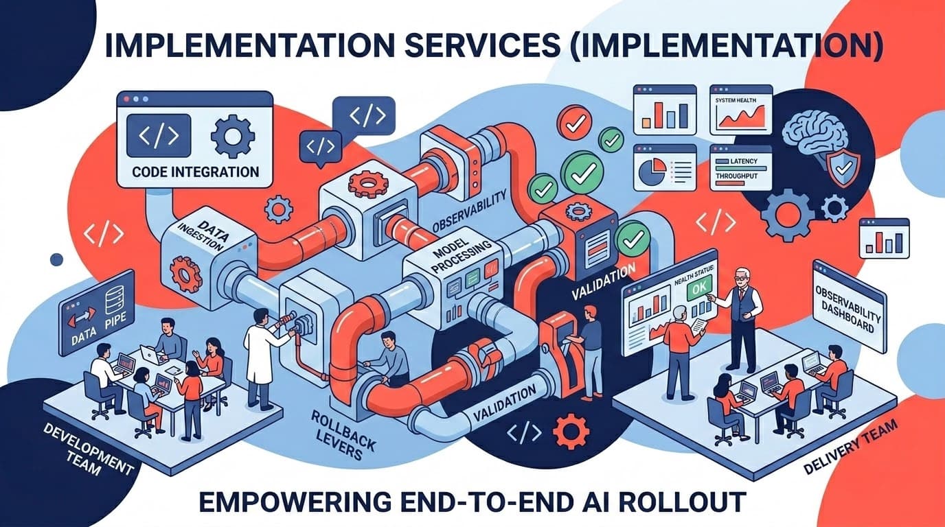 A delivery team rolling out an AI system across a client stack, connecting integrations and data pipes with observability lighting up.