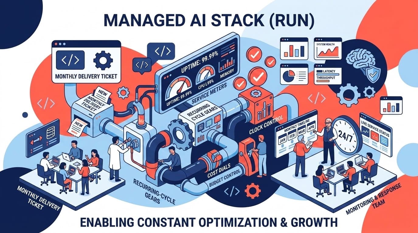 A managed operations team monitoring an AI stack around the clock, watching uptime gauges and cost dials while shipping a fresh workflow each month.