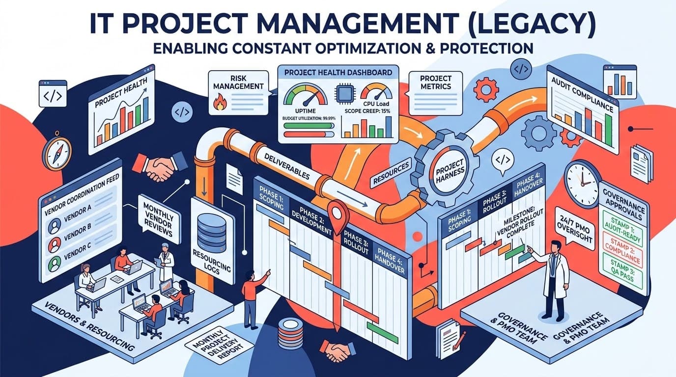 A program lead orchestrating a multi-vendor technology rollout across phases, keeping governance audit-ready with a giant Gantt-chart wall.